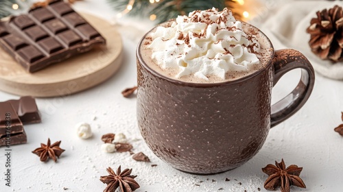 A cup of hot chocolate topped with whipped cream