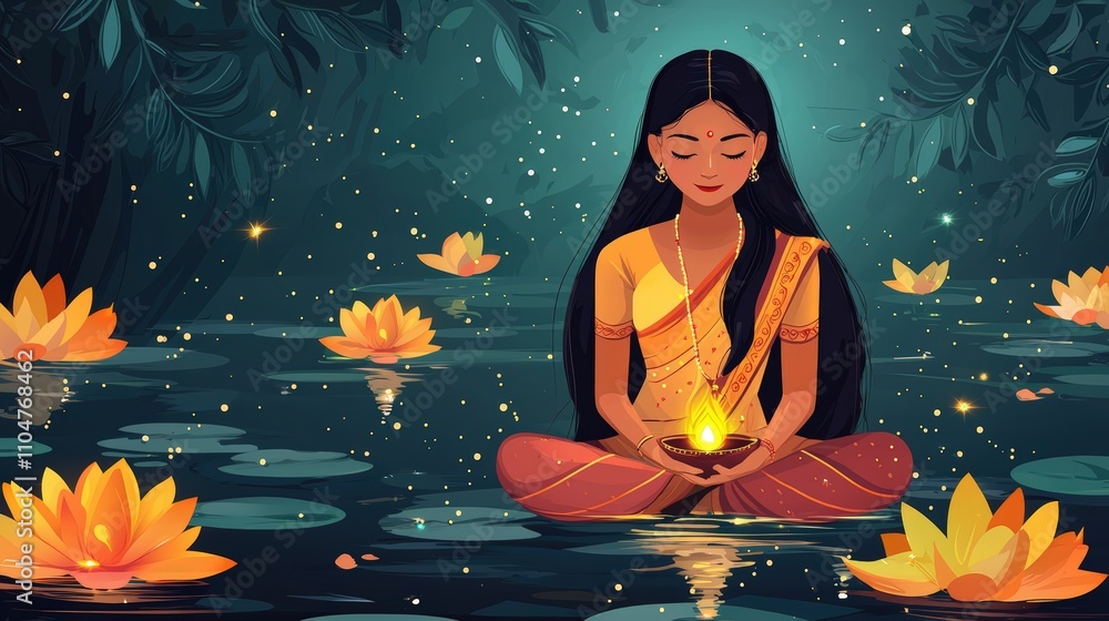 Serene Indian woman meditating by a water lily pond Serene Indian woman meditating by a water lily pond
