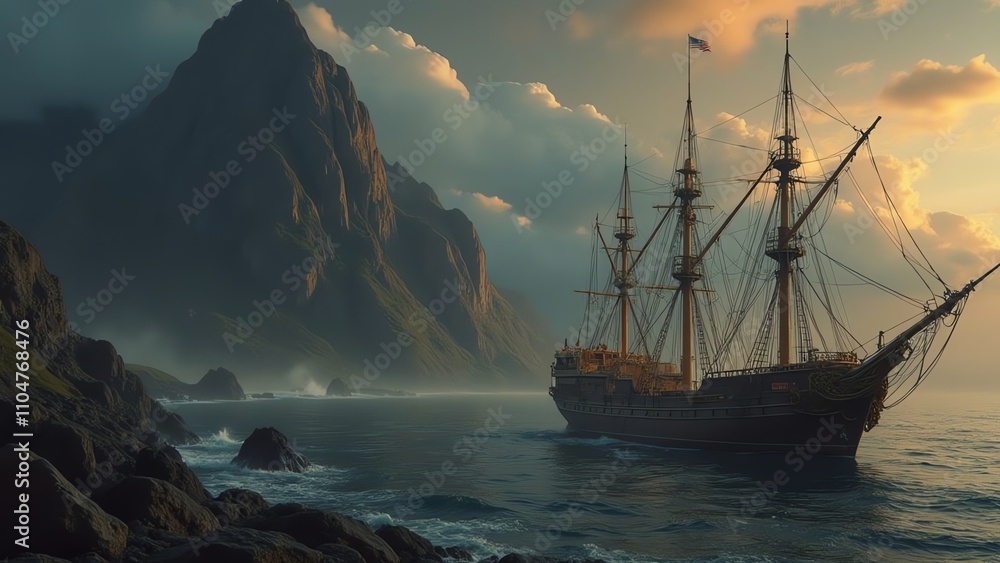 Here are a few options for your stock photo description, all under 200 characters:
**Option 1 (Focus on mood):**
> Dramatic AI-generated image of a historic sailing ship navigati Here are a few options for your stock photo description, all under 200 characters:
**Option 1 (Focus on mood):**
> Dramatic AI-generated image of a historic sailing ship navigati