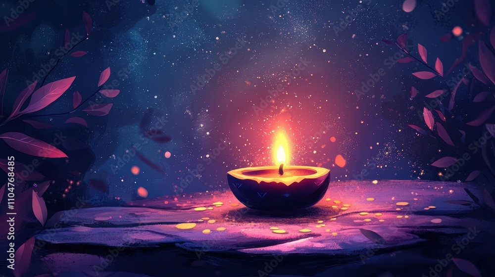 A serene candle illuminating a mystical forest A serene candle illuminating a mystical forest