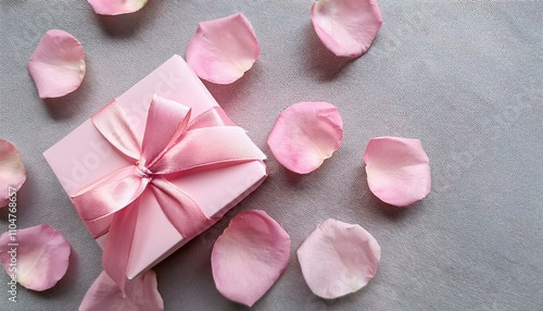 Pink gift box with a satin ribbon and rose petals.