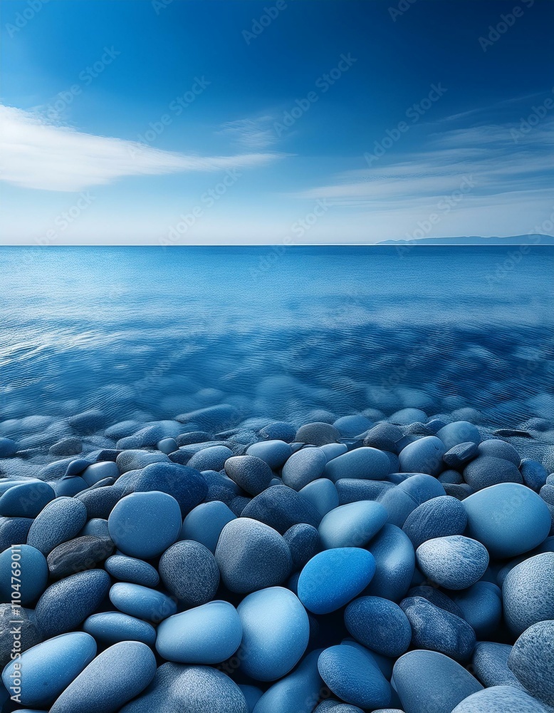 Serene ocean view with smooth, blue stones. Serene ocean view with smooth, blue stones.