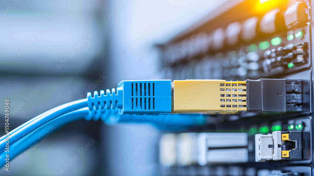 Network Connection: Close-up of a blue ethernet cable plugged into a server, symbolizing the vital connection and infrastructure of the digital world. Network Connection: Close-up of a blue ethernet cable plugged into a server, symbolizing the vital connection and infrastructure of the digital world.