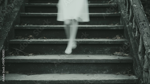 Ethereal Ascent: A solitary figure in a flowing white dress ascends a weathered staircase, their form blurred by motion, leaving a ghostly trail in their wake. The image evokes a sense of mystery.