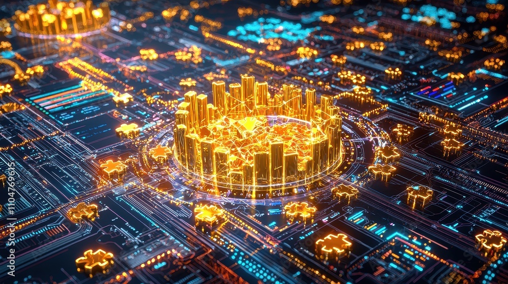 Obraz premium Golden Conceptual Design of Digital Cityscape