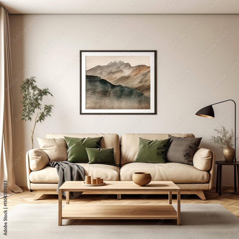 tylish living room with neutral tones, featuring a cozy sofa, olive green pillows, and an artistic tylish living room with neutral tones, featuring a cozy sofa, olive green pillows, and an artistic