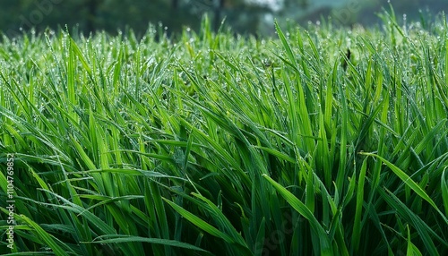 Vibrant green grass glistening with morning dew. Nature's beauty in the early light.