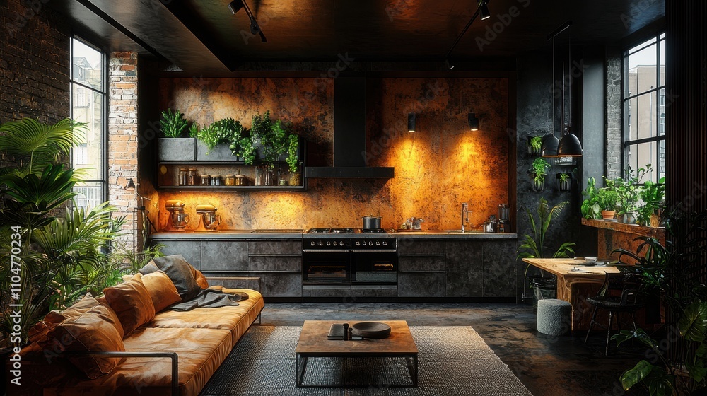 Modern Industrial Kitchen with Green Plants and Cozy Seating Area Modern Industrial Kitchen with Green Plants and Cozy Seating Area