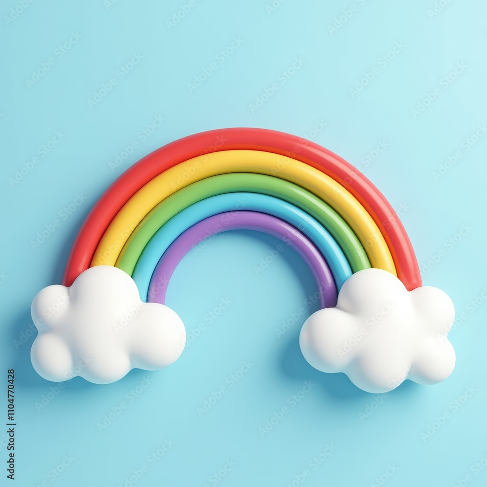 Colorful cartoon rainbow with fluffy white clouds on a bright blue background, capturing a cheerful and playful theme. Colorful cartoon rainbow with fluffy white clouds on a bright blue background, capturing a cheerful and playful theme.