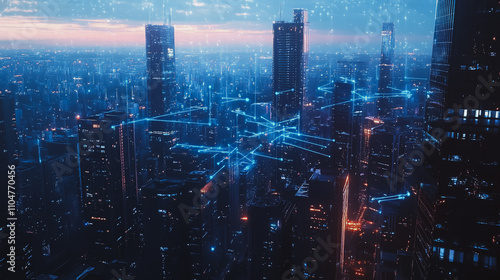 Wallpaper Mural Smart digital city with connection cyber security network reciprocity over the twilight cityscape.future wireless digital city and social media networking systems that connects people within the city
 Torontodigital.ca