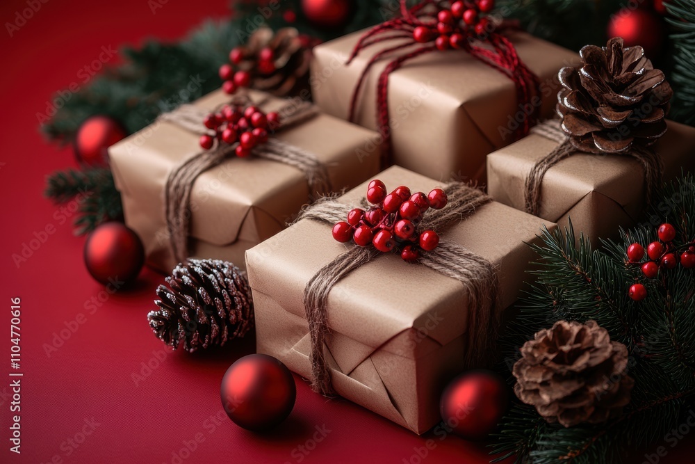 Beautifully Wrapped Gifts in Frontal Angle on a Vibrant Red Background Surrounded by Pine Cones and Holiday Decorations for Celebratory Seasons