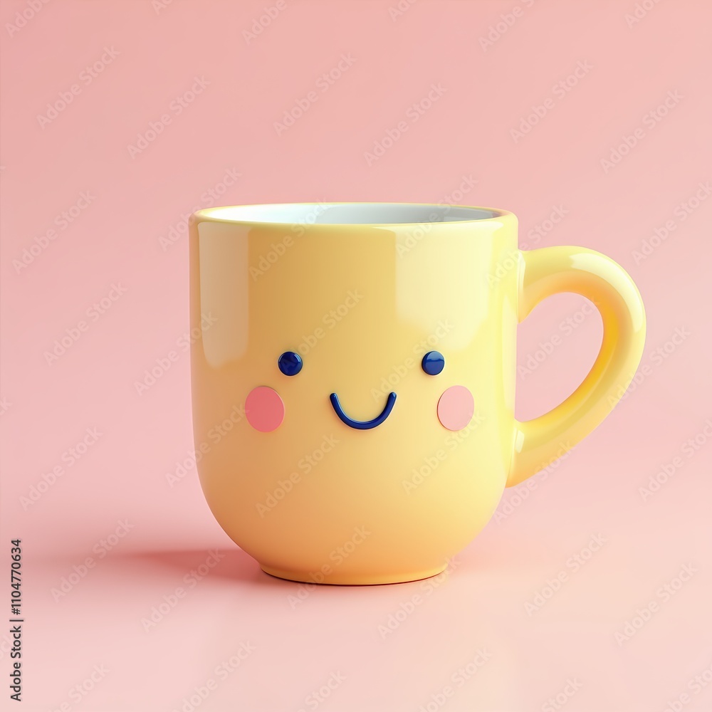 Cheerful yellow mug with a cute smiling face, exuding warmth and positivity against a soft pink background. Cheerful yellow mug with a cute smiling face, exuding warmth and positivity against a soft pink background.