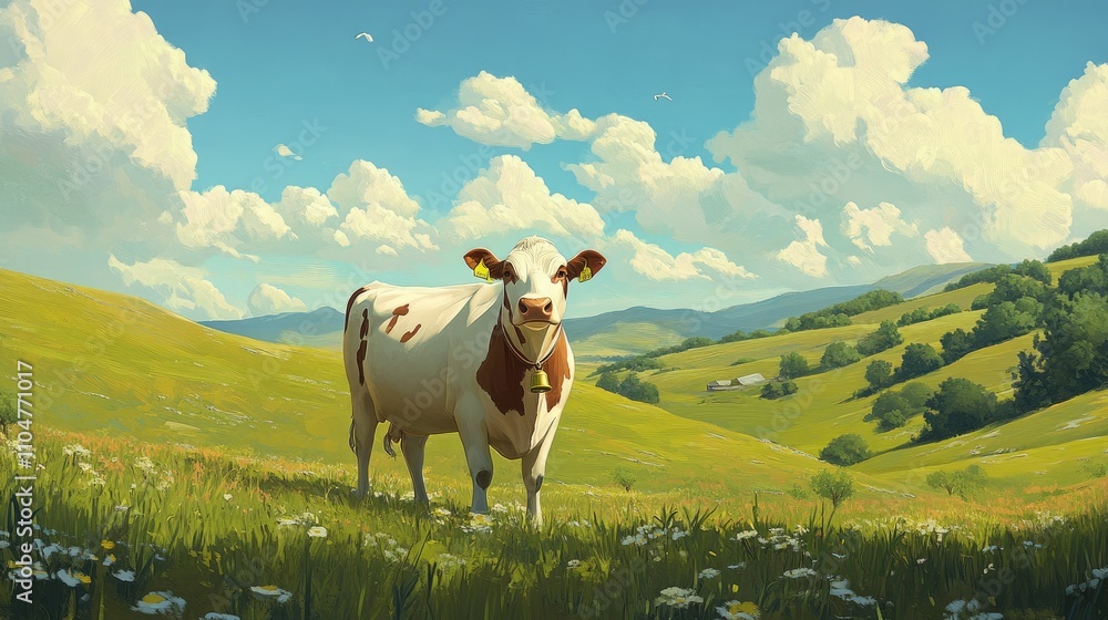 A serene landscape featuring a cow in a vibrant green meadow under a blue sky with fluffy clouds. A serene landscape featuring a cow in a vibrant green meadow under a blue sky with fluffy clouds.
