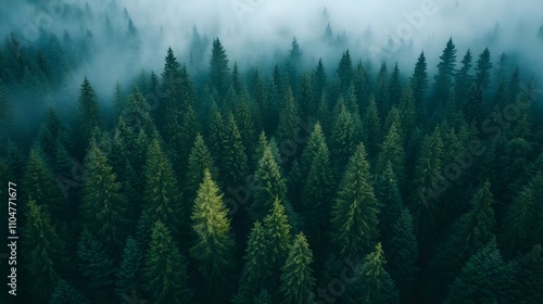 Misty Evergreen Forest Aerial View