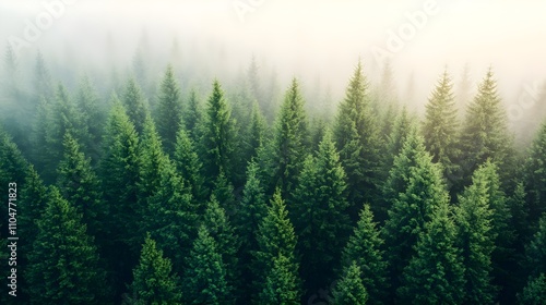 Misty Evergreen Forest Aerial View