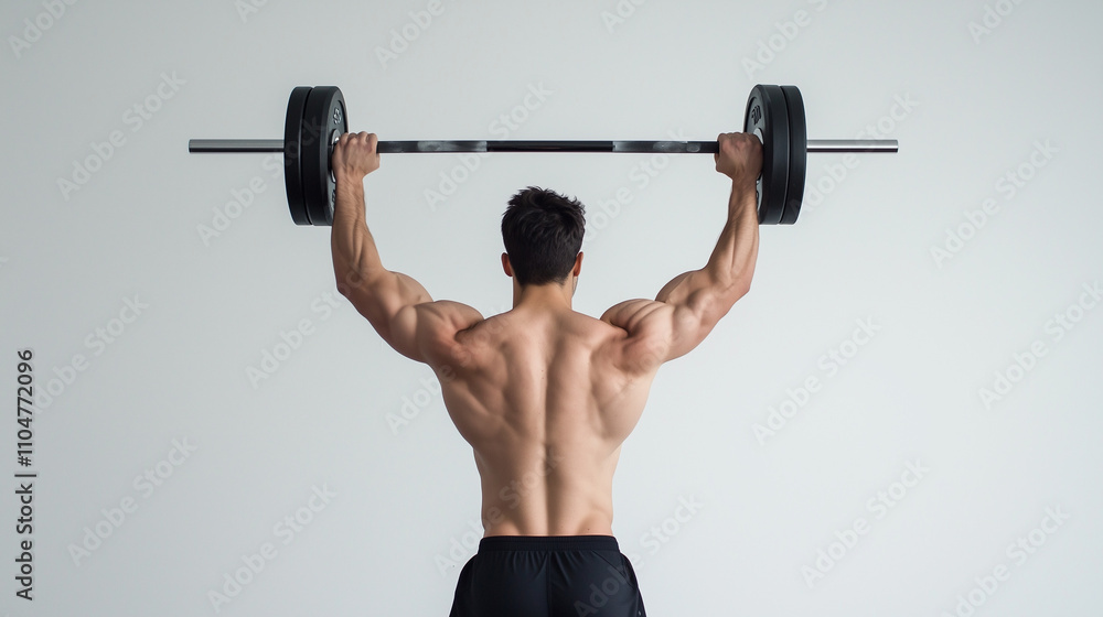 Muscular Strength: A rear view of a determined man lifting a barbell above his head, showcasing his impressive physique and the raw power of bodybuilding. Muscular Strength: A rear view of a determined man lifting a barbell above his head, showcasing his impressive physique and the raw power of bodybuilding.