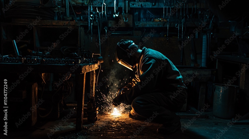 Welding Sparks and Shadows in Dark Workshop Welding Sparks and Shadows in Dark Workshop