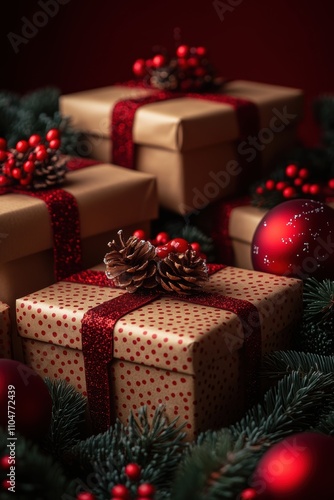 Beautifully Wrapped Christmas Gifts with Pine Cones and Decorative Elements in a Festive Holiday Setting Showcasing Rich Red Background and Greenery