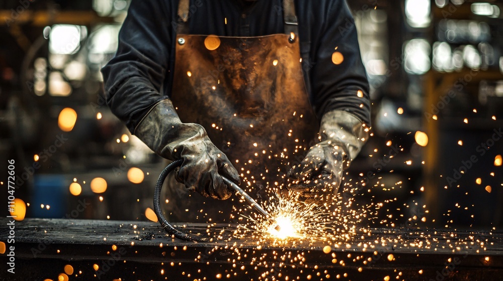 Welder’s Leather Apron Burn Marks, Sparks Shooting from Welding Point Welder’s Leather Apron Burn Marks, Sparks Shooting from Welding Point