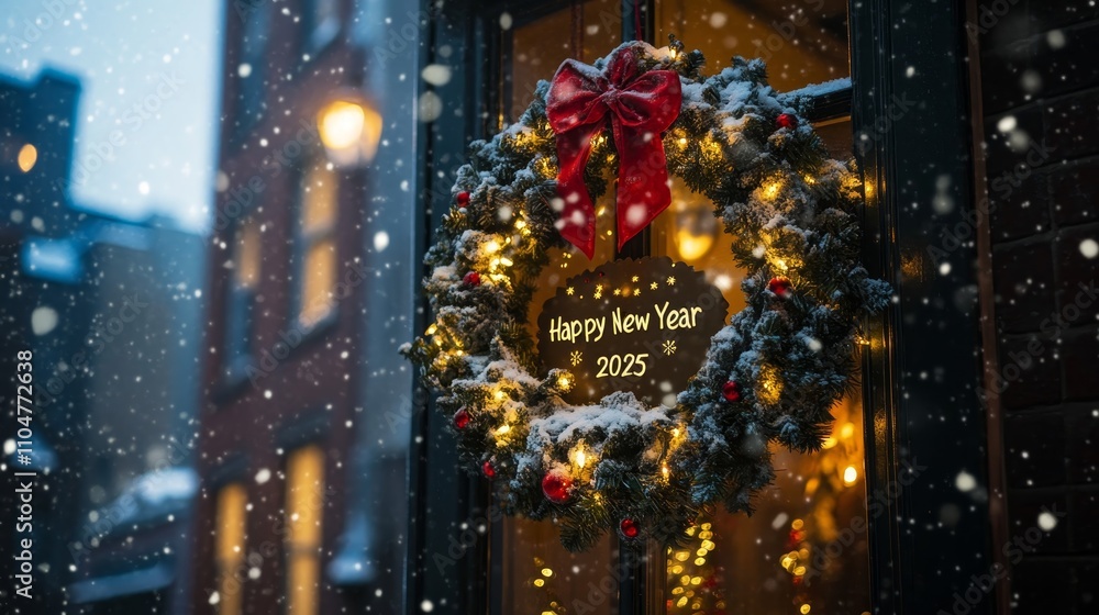 Illuminated Snow-Dusted Holiday Wreath with Happy New Year 2025 Message - Festive and Cozy Winter Decor Illuminated Snow-Dusted Holiday Wreath with Happy New Year 2025 Message - Festive and Cozy Winter Decor