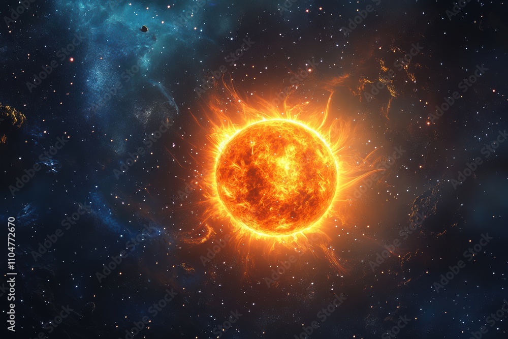 Stellar panorama displaying the sun glowing intensely amid the vast cosmos, surrounded by twinkling stars and cosmic elements, evoking feelings of wonder and timelessness Stellar panorama displaying the sun glowing intensely amid the vast cosmos, surrounded by twinkling stars and cosmic elements, evoking feelings of wonder and timelessness