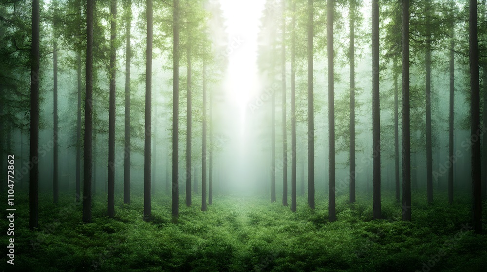 Fototapeta premium Misty Forest Path Sunlight