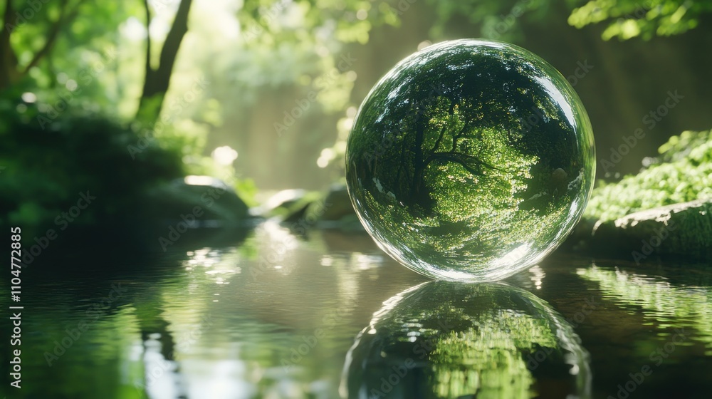 Crystal sphere reflecting lush forest and tranquil stream. Crystal sphere reflecting lush forest and tranquil stream.