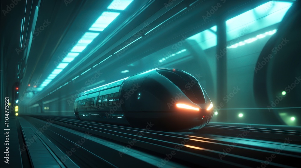 Futuristic high-speed train moving through a neon-lit tunnel. Futuristic high-speed train moving through a neon-lit tunnel.