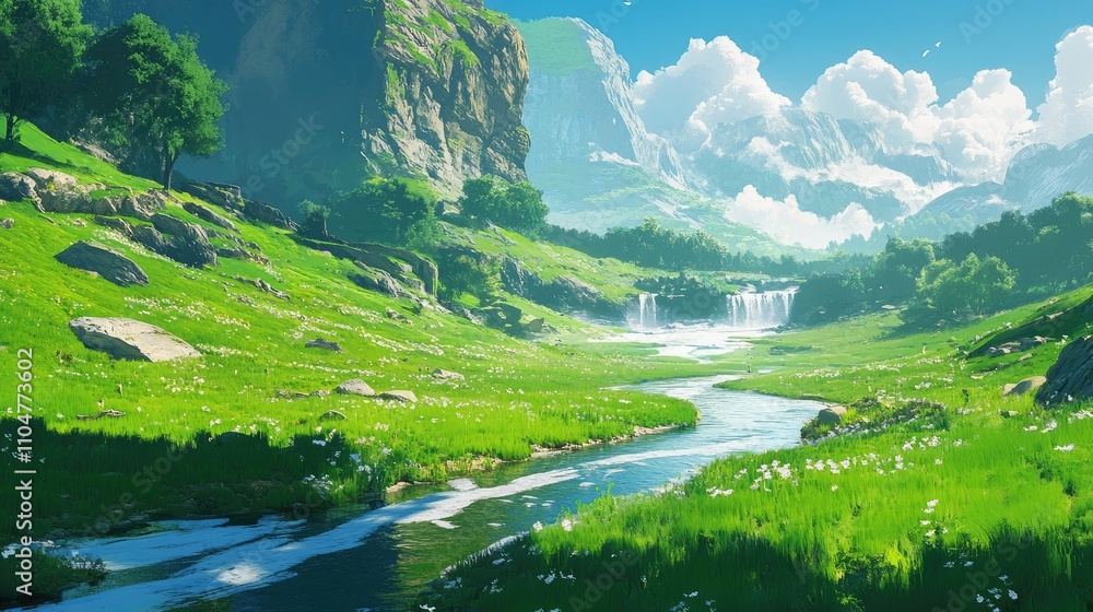 A serene landscape featuring a river, lush greenery, mountains, and waterfalls under a bright sky. A serene landscape featuring a river, lush greenery, mountains, and waterfalls under a bright sky.