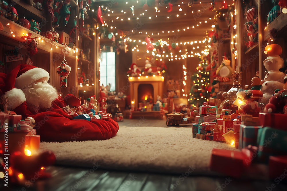 A warm and cozy Santa’s workshop filled with toys, twinkling lights, and holiday decorations, ready for Christmas magic A warm and cozy Santa’s workshop filled with toys, twinkling lights, and holiday decorations, ready for Christmas magic