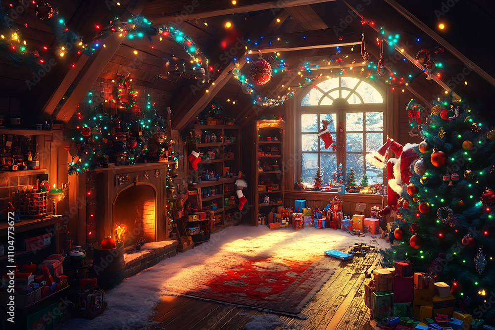 A warm and cozy Santa’s workshop filled with toys, twinkling lights, and holiday decorations, ready for Christmas magic A warm and cozy Santa’s workshop filled with toys, twinkling lights, and holiday decorations, ready for Christmas magic