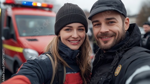 A German policewoman, firefighter, and emergency doctor take a selfie together in a parking lot with emergency vehicles in the background, showcasing teamwork and dedication in public safety.