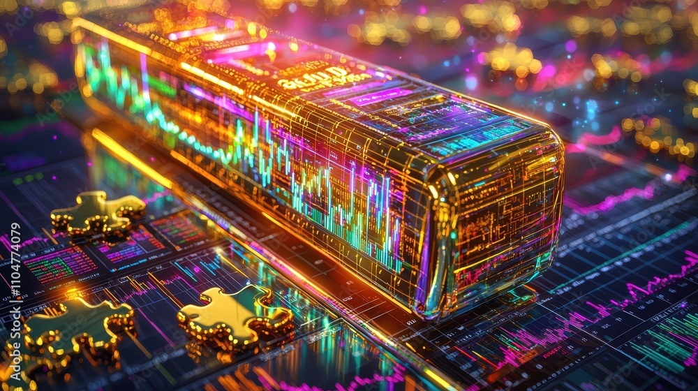 Obraz premium Bright Gold Bar on Colorful Data Background