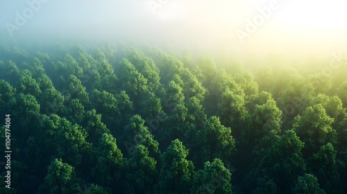 Misty Green Forest Aerial View