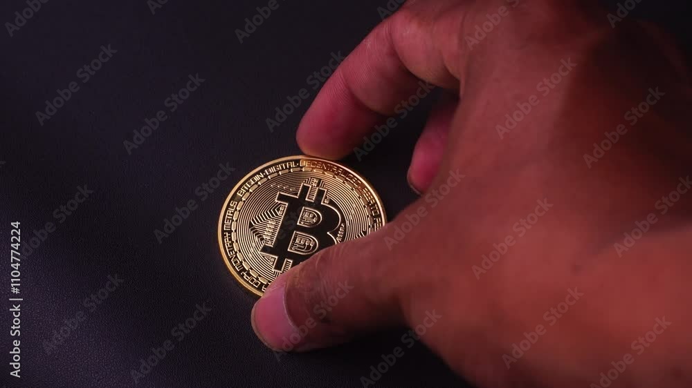 Hand taking bitcoin crypto coins
