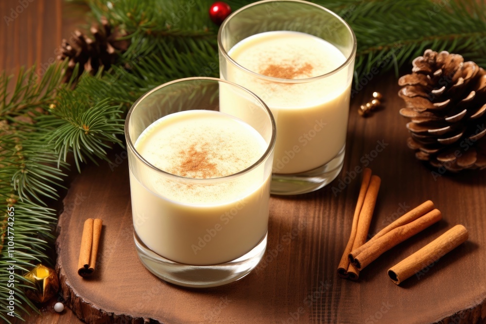 Homemade Eggnog with Cinnamon and Nutmeg, Served in Fancy Glassware on a Wooden Vintage Table Homemade Eggnog with Cinnamon and Nutmeg, Served in Fancy Glassware on a Wooden Vintage Table