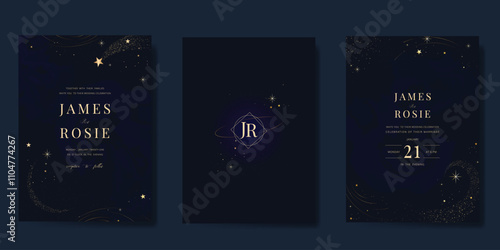 Luxury invitation card design vector set. Elegant wedding card with little star moon sun meteor and space decorative on navy blue background. Design illustration for cover, poster, gala.