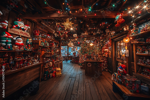 A warm and cozy Santa’s workshop filled with toys, twinkling lights, and holiday decorations, ready for Christmas magic