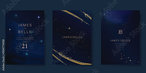 Luxury invitation card design vector set. Elegant wedding card with little star moon sun meteor and space decorative on navy blue background. Design illustration for cover, poster, gala.