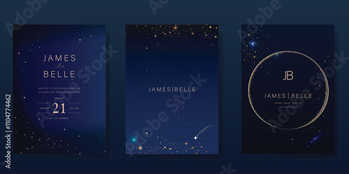 Luxury invitation card design vector set. Elegant wedding card with little star moon sun meteor and space decorative on navy blue background. Design illustration for cover, poster, gala.