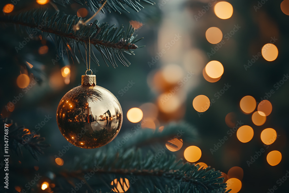 Shiny golden Christmas baubles with festive decorations and soft bokeh lights in the background Shiny golden Christmas baubles with festive decorations and soft bokeh lights in the background