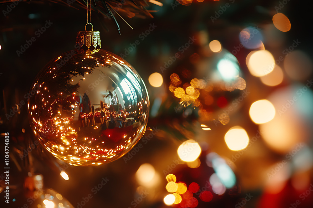 Shiny golden Christmas baubles with festive decorations and soft bokeh lights in the background Shiny golden Christmas baubles with festive decorations and soft bokeh lights in the background