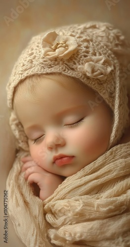 baby sleeping, wearing a hat and blanket