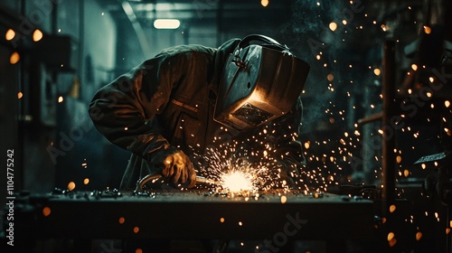 Welder’s Mask Lit by Sparks in Dark, Gritty Workshop photo