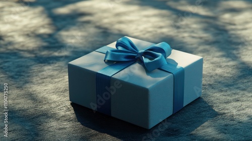 White gift box with blue ribbon on textured surface. photo