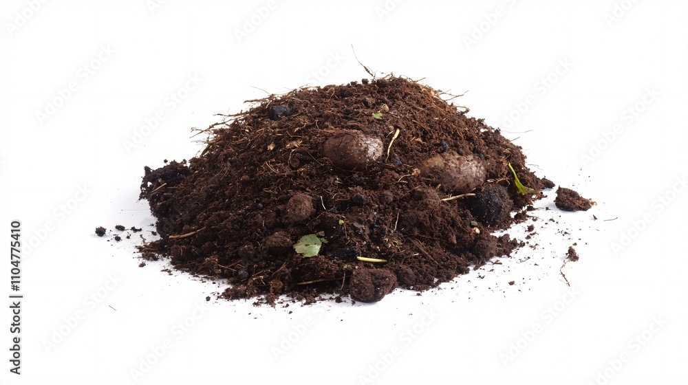 Close-up of dark brown soil pile with small debris isolated on white background. Close-up of dark brown soil pile with small debris isolated on white background.
