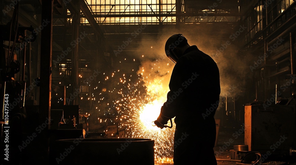 Fototapeta premium Silhouette of Welder Against Bright Sparks in a Dark Workshop