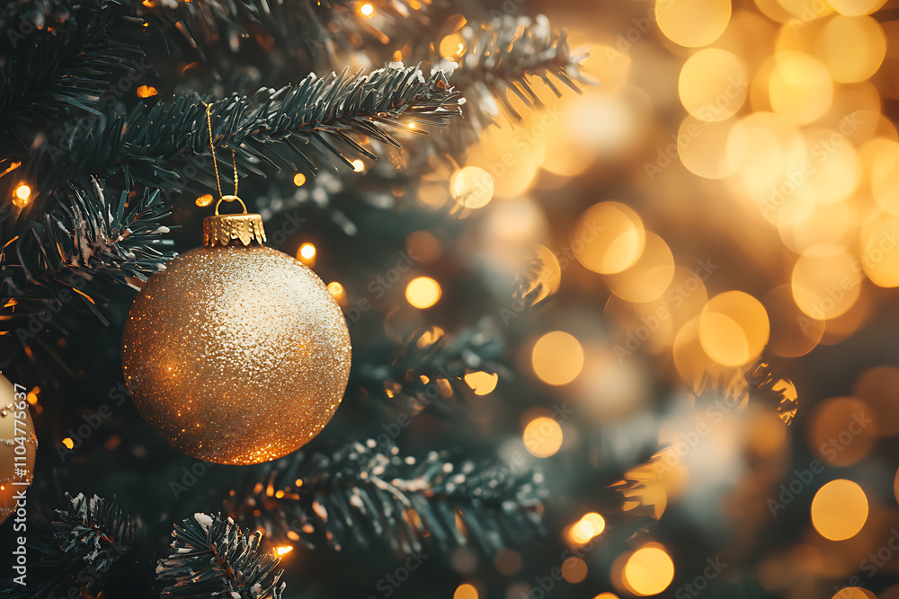Shiny golden Christmas baubles with festive decorations and soft bokeh lights in the background Shiny golden Christmas baubles with festive decorations and soft bokeh lights in the background