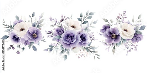 Watercolor Bouquet of Purple White Flowers Green Leaves Floral Illustration Wedding Stationary Background Decoration