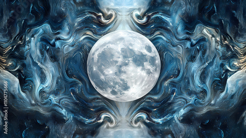 Mercury serpent in liquid moonlight: a high-resolution digital background for lunar rituals and divine feminine practices, featuring quicksilver chromes and temporal ripples. Temporal. Illustration photo